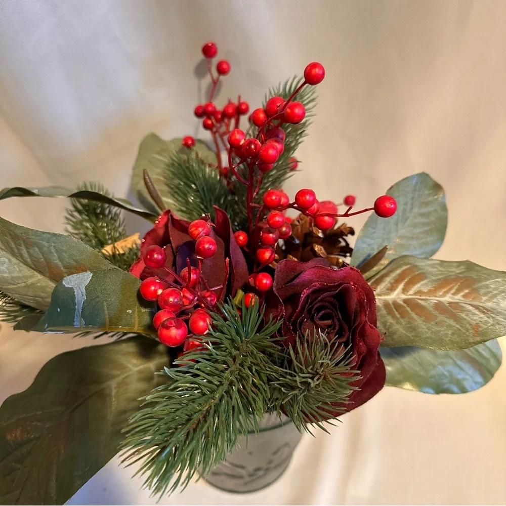 Festive Green and Red Silk Winter Arrangement Roses Berries Pine in Metal Pot